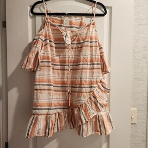 Easel Striped Ruffle Blouse in Peach and White Size M BNWT